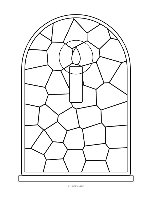 Christmas Window coloring page 10: arched window with a candle in the center, medium