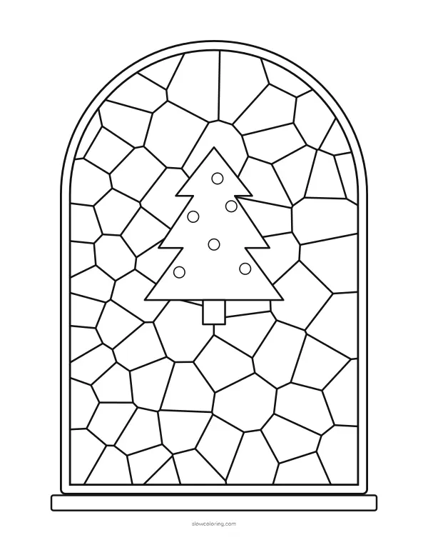 Christmas Window coloring page 12: arched window with a tree in the center, detailed