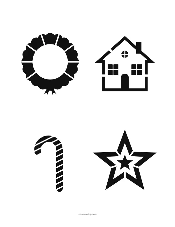Four Christmas stencils: wreath with bow, house with windows, candy cane and star