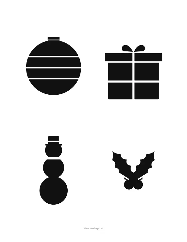 Four Christmas stencils: banded ornament, gift box, snowman and holly