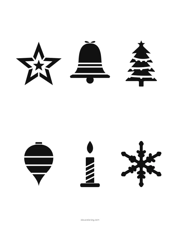 Six small Christmas stencils: star, bell, tree, ornament, candle and snowflake