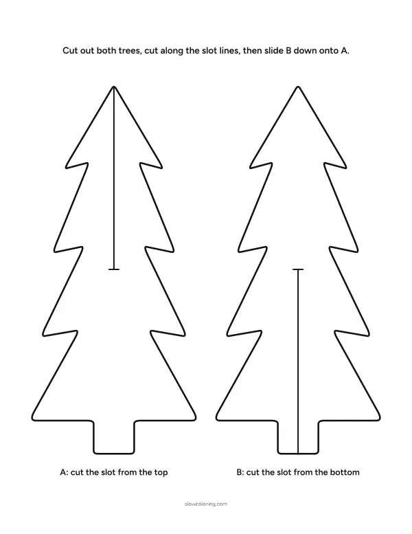Two tree pieces with slots that slide together so the paper tree stands up