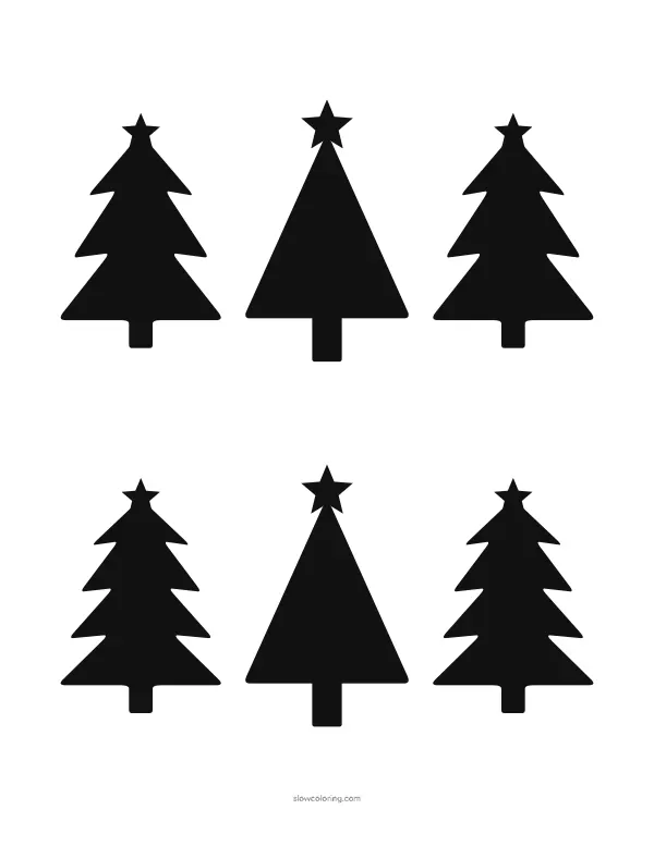 Six solid black Christmas tree silhouettes