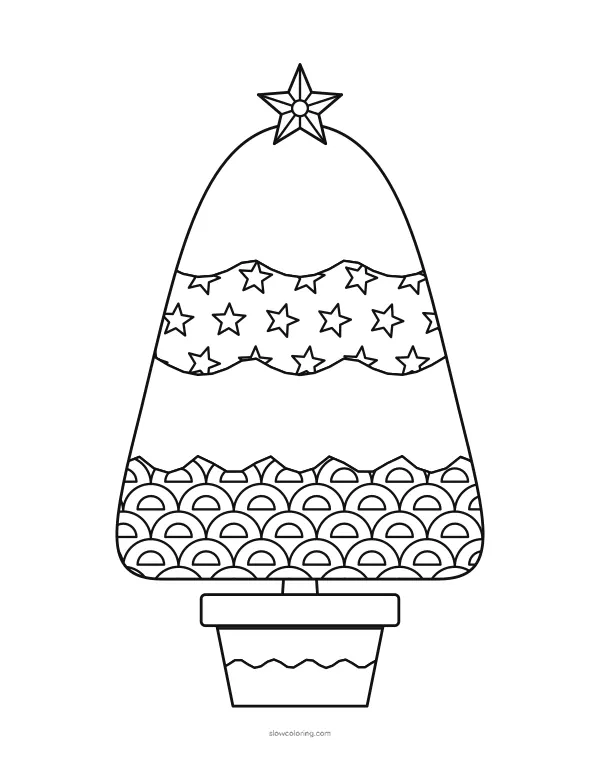 Round-top Christmas tree with drapes, standing in a patterned pot