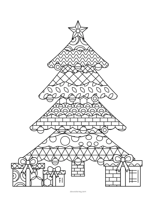 Four-tier tree filled with tangle patterns, small ornaments, a star and gifts