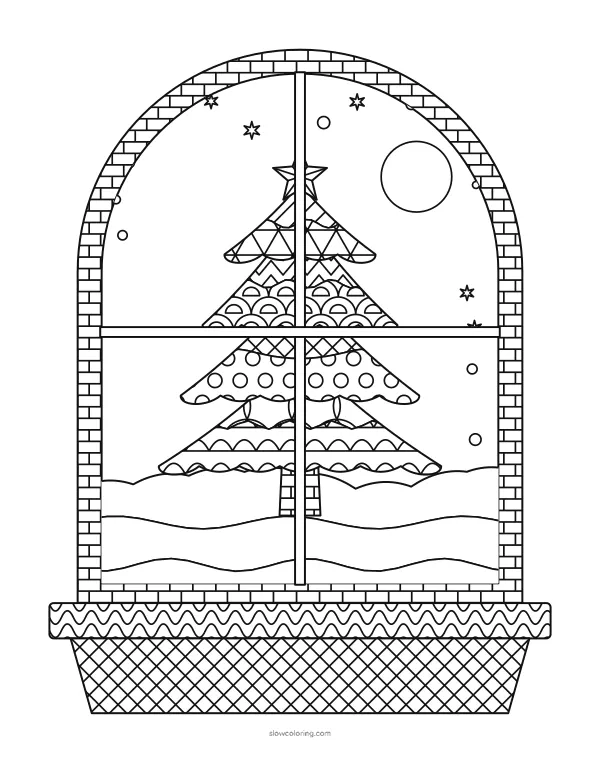 A patterned tree on a snowy hill seen through an arched window