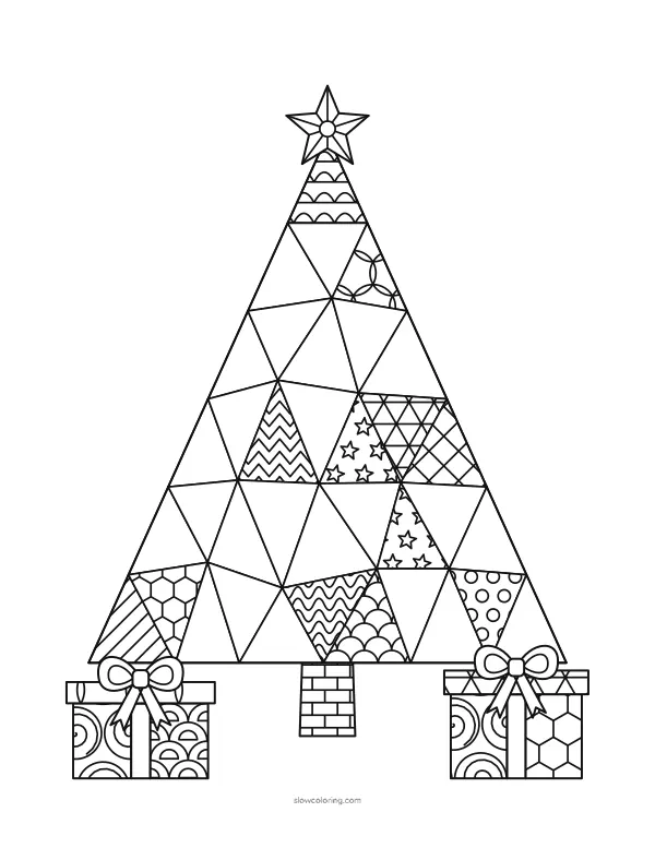 Low-poly geometric tree with patterned triangles and gifts below