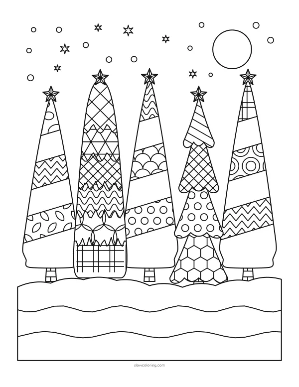 Five patterned trees of different shapes on snowy ground