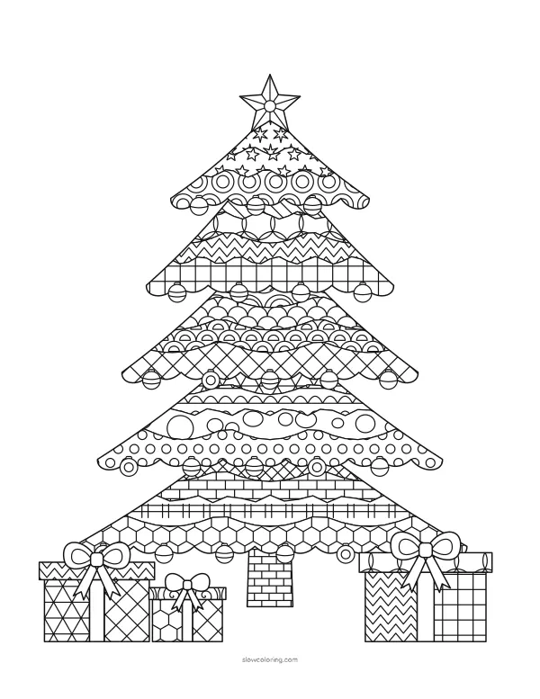 Five-tier tree with fine patterns, small ornaments, a star and a pile of gifts