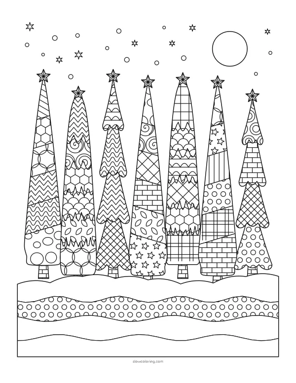 Seven finely patterned trees in a row on snowy ground