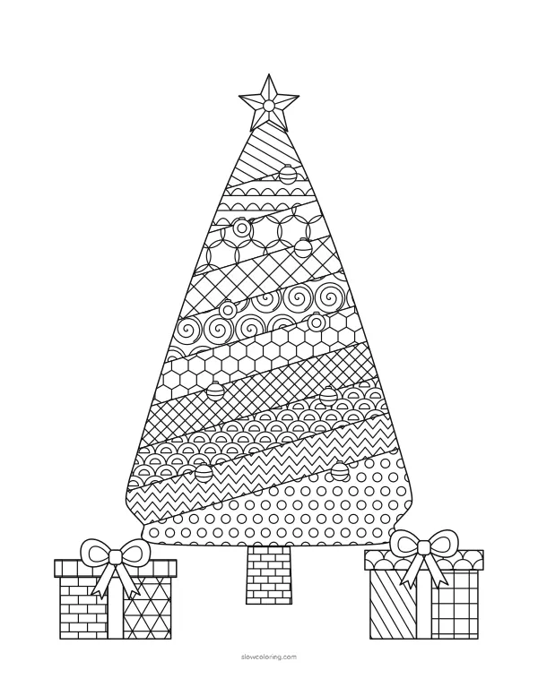 Slim tree with many fine patterned bands, small ornaments and gifts