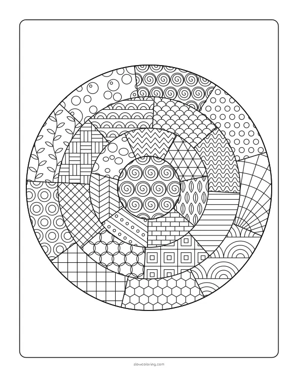 Circle split into rings and sectors filled with fine tangle patterns