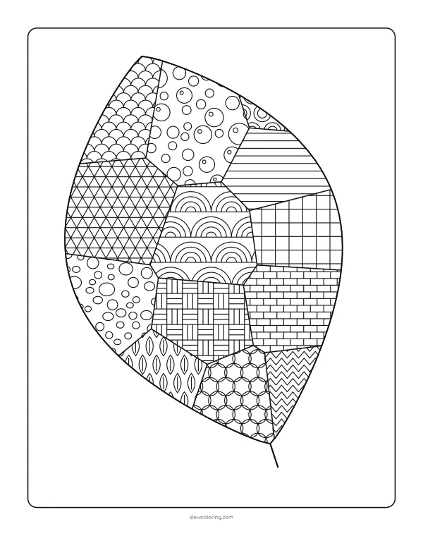 Large leaf divided into sections with fine zen doodle patterns