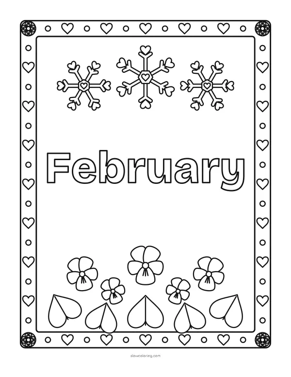 The word February in large hollow letters with three heart snowflakes above and violets below, in a frame of hearts