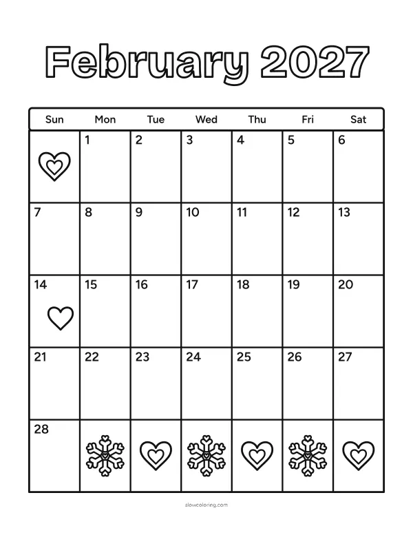 February 2027 month calendar starting on Monday, 28 days, with a heart on the 14th and motifs in the empty cells