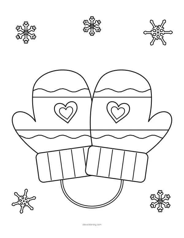 A pair of mittens on a string, each with a heart, wide bands and a ribbed cuff, with snowflakes around