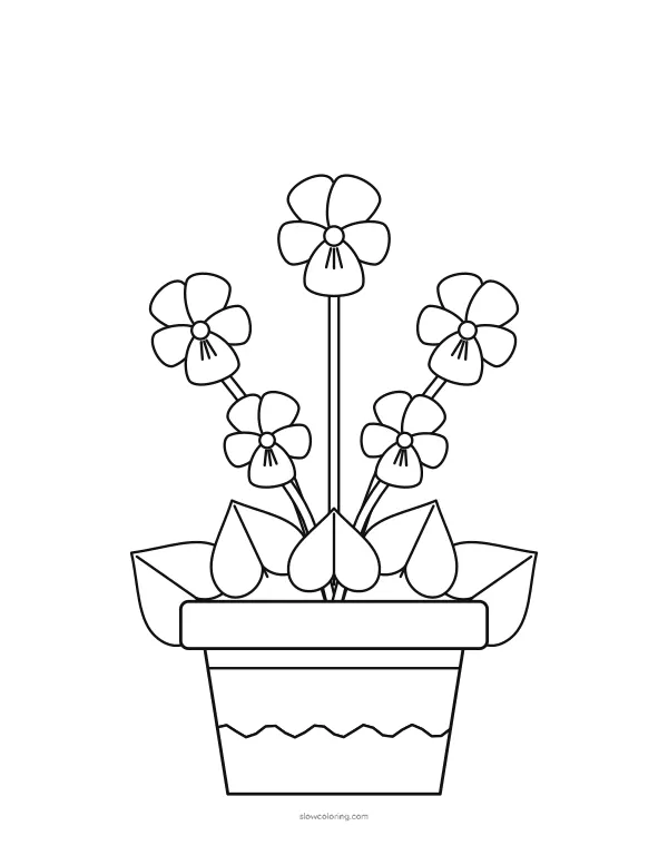 Violets, the February birth flower, with heart-shaped leaves in a simple flower pot