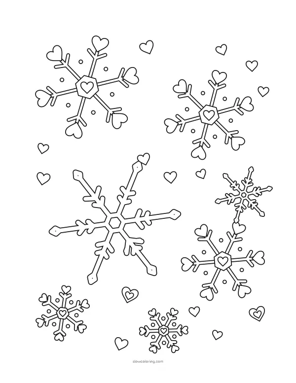 Large snowflakes whose arms end in hearts, with small hearts between them