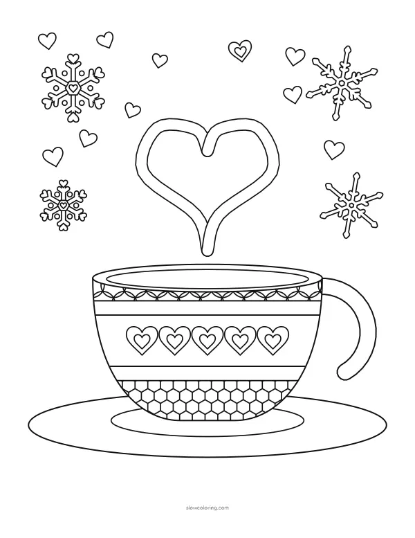 Tea cup on a saucer with a row of hearts and steam curling into a heart, with snowflakes and hearts around