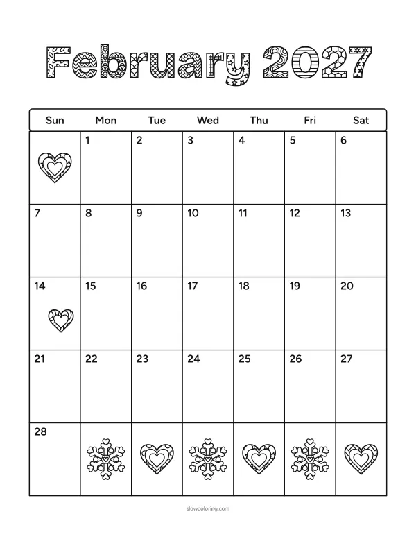 Detailed February 2027 calendar with patterned title letters, heart snowflakes and nested hearts in the empty cells