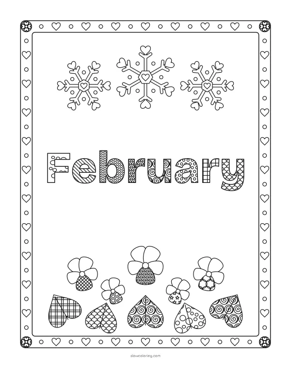 February in letters filled with fine patterns, heart snowflakes and violets in a frame of hearts