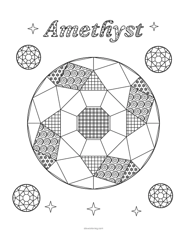 Large round cut amethyst seen from above with table, star, kite and girdle facets, the word Amethyst and four small gems