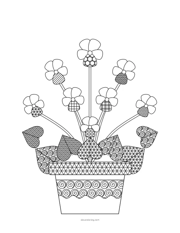 Detailed violets with patterned petals and heart-shaped leaves in a banded pot