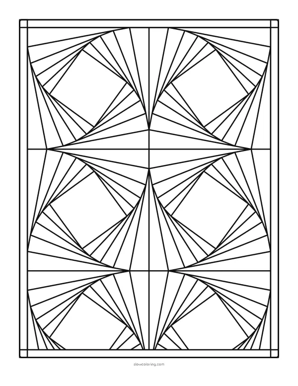 Easy geometric coloring page: tiles of nested squares, each turned a little to make a whirl, full page inside a double frame