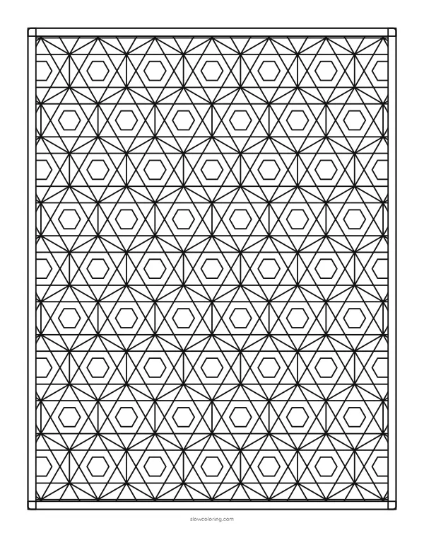 Medium geometric coloring page: hexagons with a six-point star inside each one, full page inside a double frame