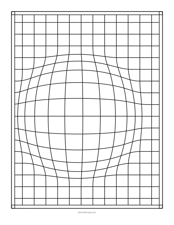 Medium geometric coloring page: a square grid warped by a round bulge, full page inside a double frame