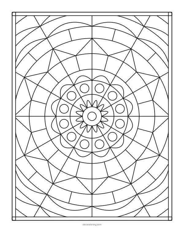 Medium geometric coloring page: mirrored rings, rays and arches around the center, full page inside a double frame