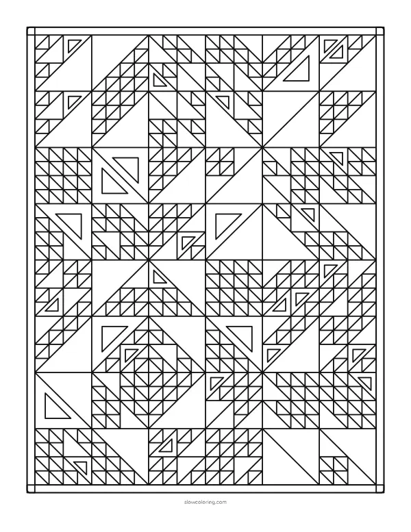 Medium geometric coloring page: large triangles split again and again into smaller ones, full page inside a double frame