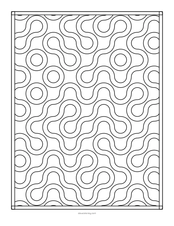 Medium geometric coloring page: quarter-circle arcs that join into winding paths and rings, full page inside a double frame