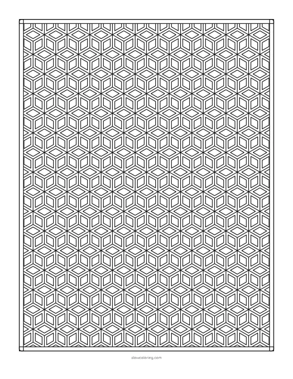 Detailed geometric coloring page: isometric cubes made of three rhombi each, full page inside a double frame