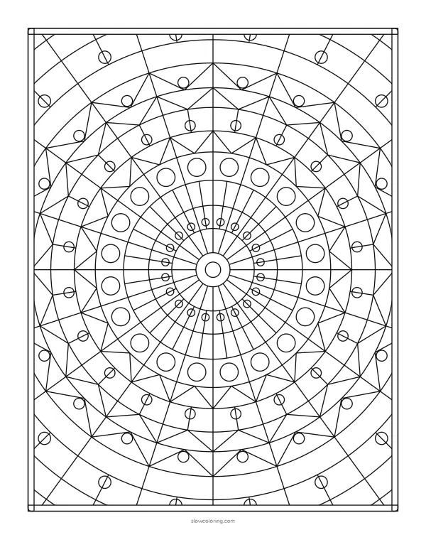 Detailed geometric coloring page: mirrored rings, rays and arches around the center, full page inside a double frame