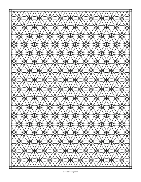 Detailed geometric coloring page: overlapping circles that form a lattice of petals, full page inside a double frame