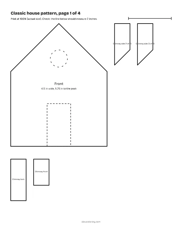 Classic house gingerbread house template at actual size, page 1 of 4: pieces with labels and measurements