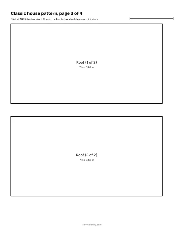 Classic house gingerbread house template at actual size, page 3 of 4: pieces with labels and measurements