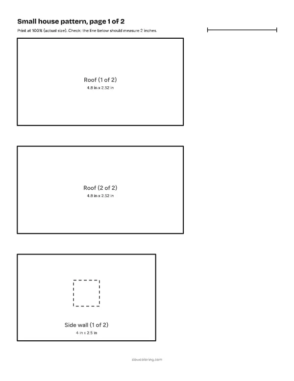 Small house gingerbread house template at actual size, page 1 of 2: pieces with labels and measurements