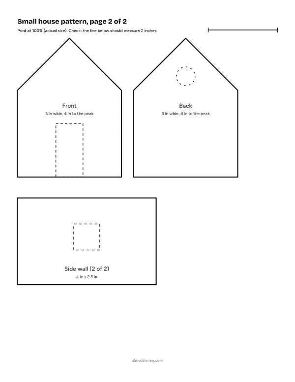 Small house gingerbread house template at actual size, page 2 of 2: pieces with labels and measurements