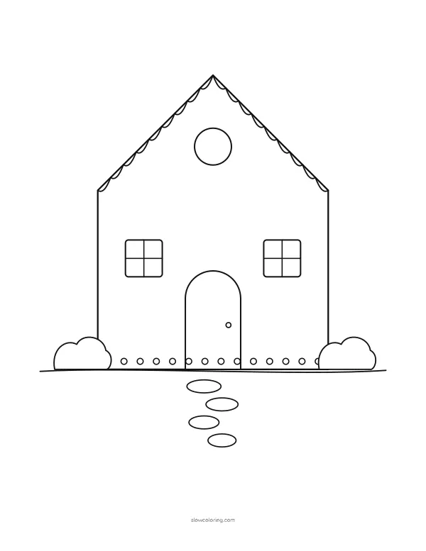 Gingerbread house front to color, with icing on the roof, a round window, an arched door and a candy path