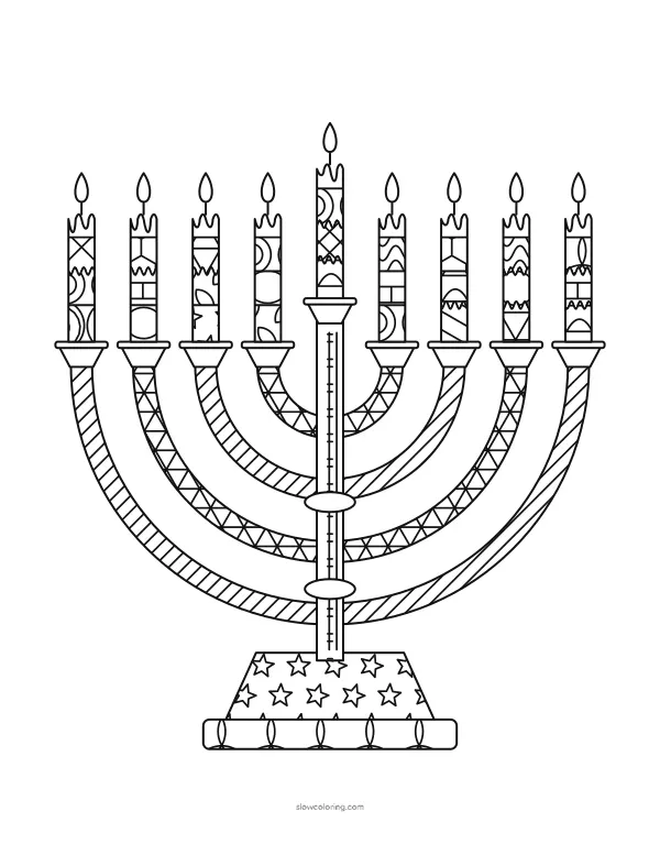 Nine-branch menorah with round arms filled with tangle patterns and banded candles