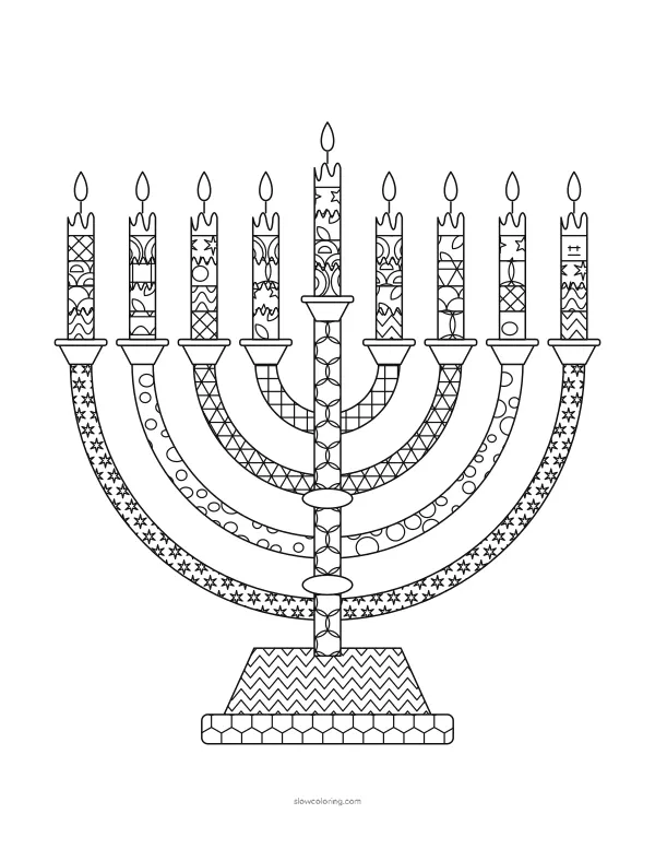 Detailed nine-branch menorah with finely patterned arms, stem and candles