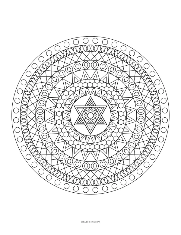 Detailed mandala with fine rings in twelve-fold symmetry around a six-pointed star
