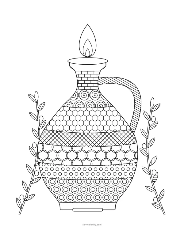 Detailed oil jug with many patterned bands, a flame and olive branches