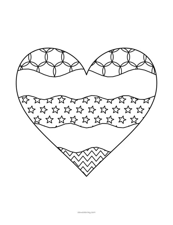 One large heart split into wide wavy bands, some with simple patterns