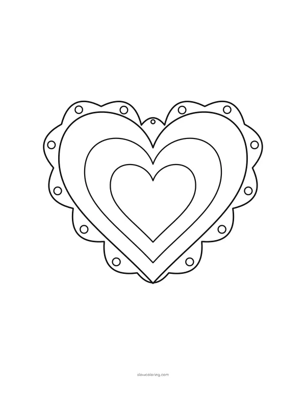 Large heart with a scalloped edge, a dot in every scallop and nested hearts inside