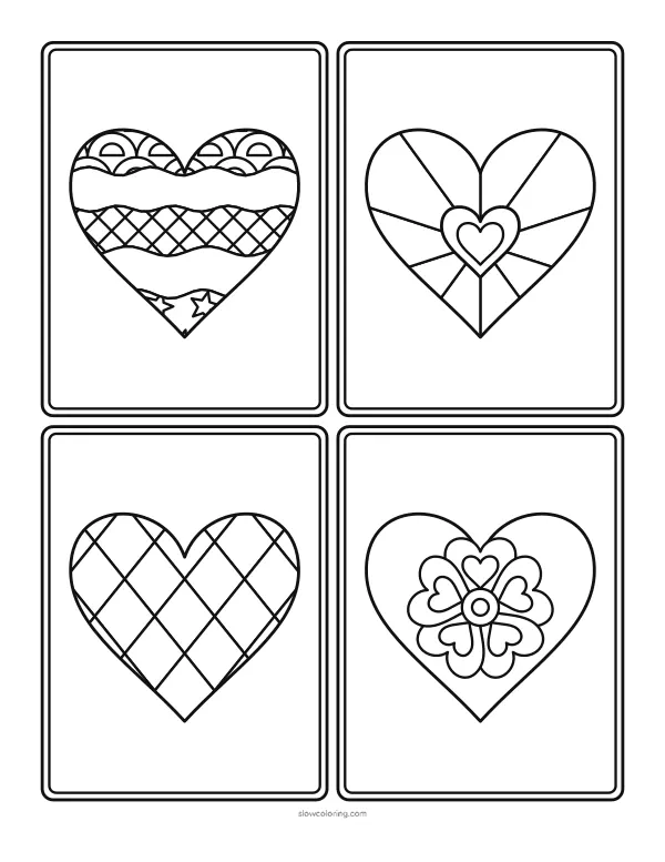 Four framed hearts: wavy bands, sunburst wedges, a diamond grid and a heart flower