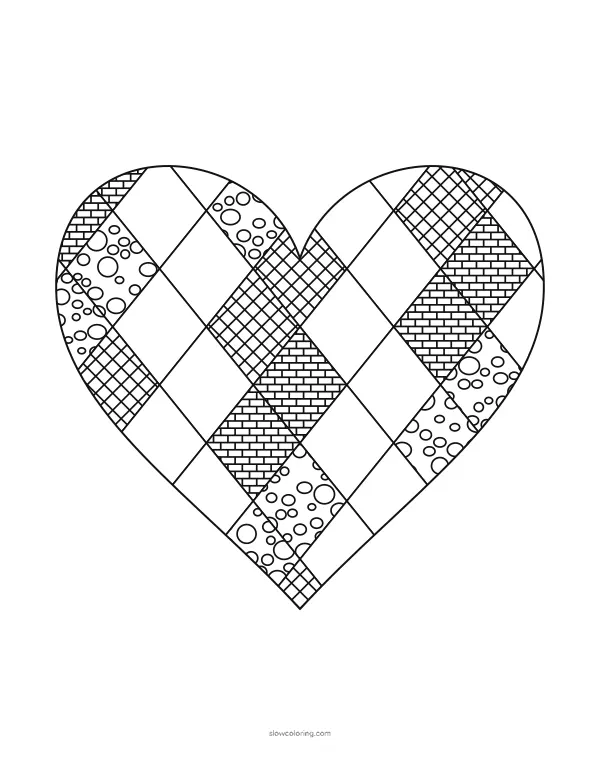 Large heart covered in a diamond grid, every other diamond filled with a tangle pattern
