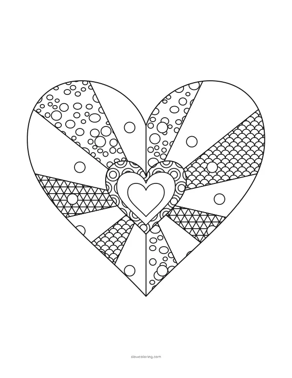 Large heart with patterned wedges fanning out from small nested hearts, ringed by dots
